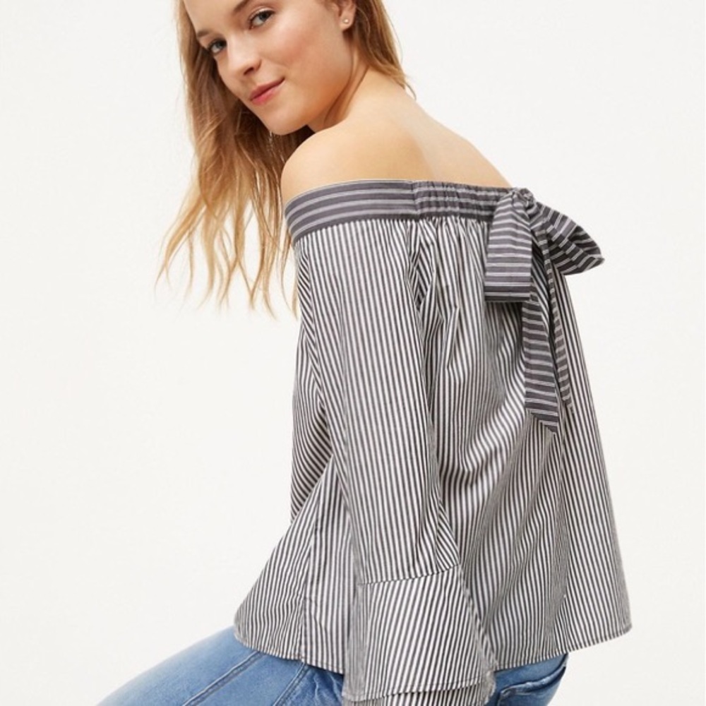 Loft Striped Bell Sleeve Off Shoulder Bow Back Top